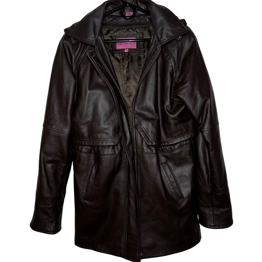 EXCELLED Women's Brown Leather Hooded Jacket Size S Midlength Insulated